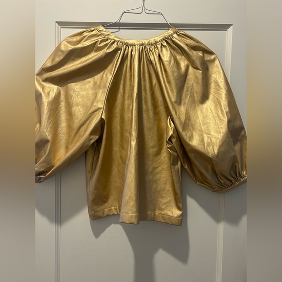 Gold leather top blouse pleather shimmery holiday bell sleeve top - Picture 4 of 4